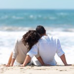 Rear view of a couple sitting on beach